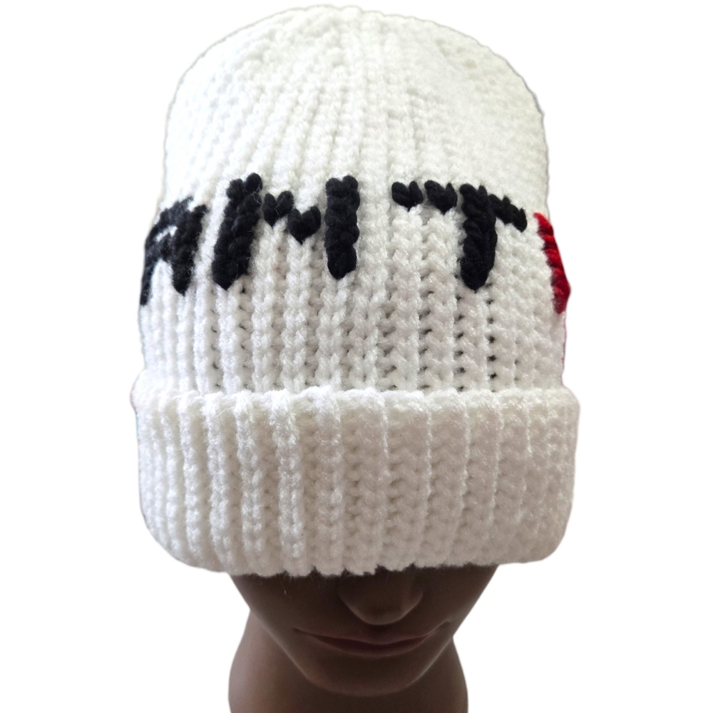 "ANTI", Knit-look 90s beanie, Handmade By Me, Hand Embroidery, Ask About Cus
